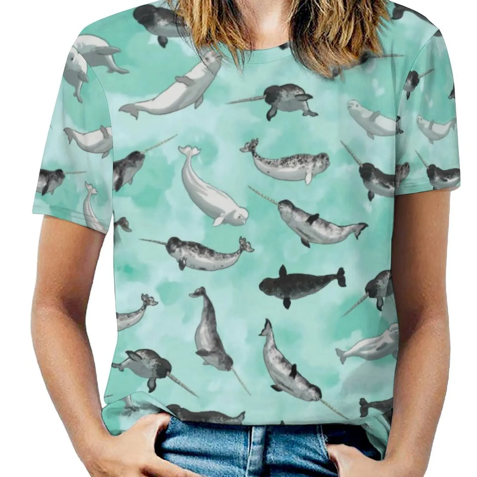 Women T Shirt Arctic Animal Print O Neck T Shirts Short Sleeve Narwhal and Beluga Cool Custom Tshirt Casual Top Tees Big Size