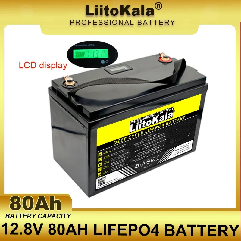 LiitoKala 12V 80AH LiFePO4 Battery 12.8v 4s Lithium Iron Phosphate Inverter Car lighter RV Camping Batteries LCD 14.6V Charger