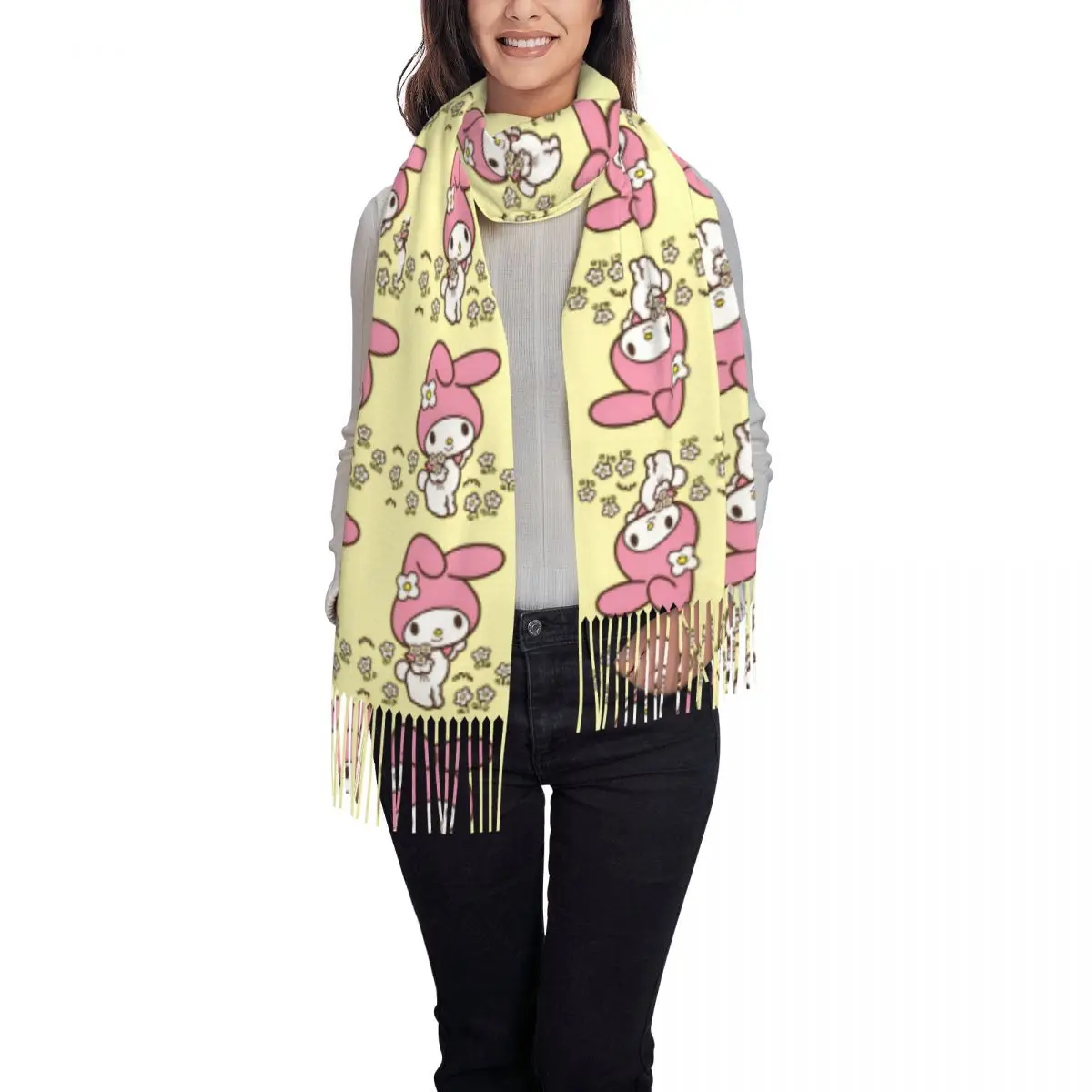 Sanrio My melody Women Scarf Outdoor Headwear Scarves with Long Tassel y2k Funny Shawls and Wrap Autumn Printed Bandana