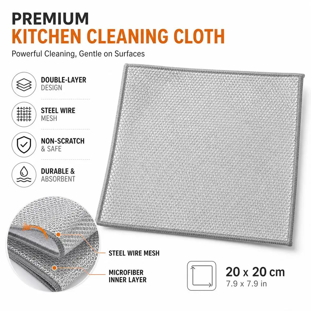 Microfiber Silver thread cleaning cloth Double Layer Non-Scratch Steel Wire Cleaning Cloth Grease Removing Mesh Dishcloth