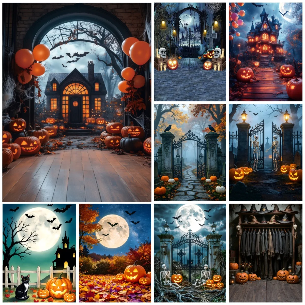 Halloween-Party Fotografie-Hintergrund Horror-Nacht Gruseliger Kürbis Mond Wald Schloss Kinderporträt Fotoshooting Hintergrund Requisiten