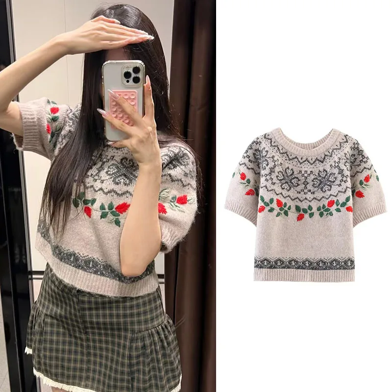 

Женский пуловер, осень-зима 2021, новая мода с круглым вырезом и короткими рукавами, трикотаж с вышивкой, пуловер, женский элегантный уличный топ