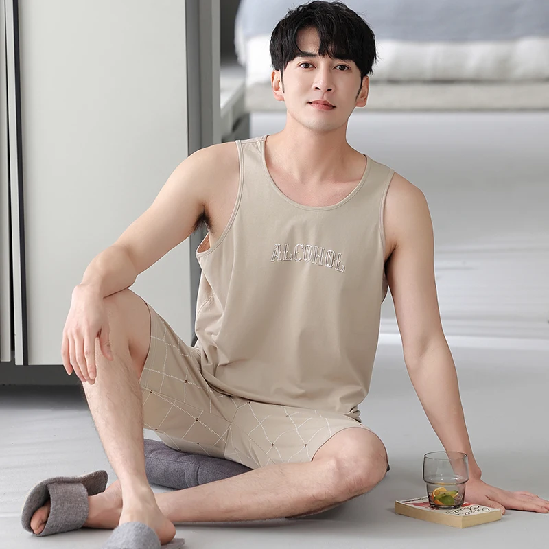 Summer Big Size L-5XL Men Pajamas Sets Sleeveless Solid Homewear Casual Sexy Sleepwear Sets