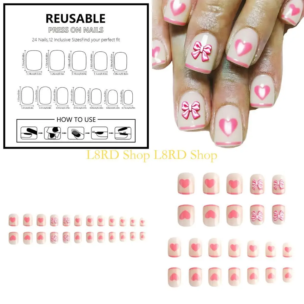 

L8RD Набор из 24 накладных ногтей с дизайном розовых сердечек, сборка из АБС-пластика, многоразовые накладные ногти