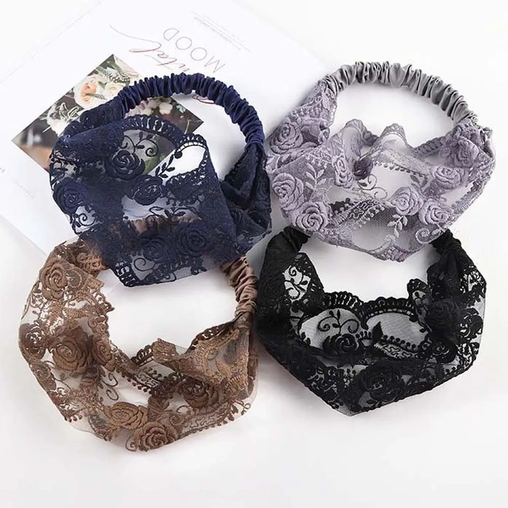 

Retro Non Slip Lace Flower Headband Hair Hoop Lightweight Mesh Hollow Hairbands Elastic Headdress Wide Side Head Wrap Daily