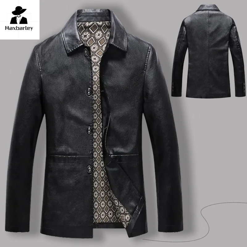 

Autumn Men's V Collar Jacket Coat Black Leather Motorcycle Jacket Solid Color Zipper Streetwear Winter Warm Biker Leather Coat