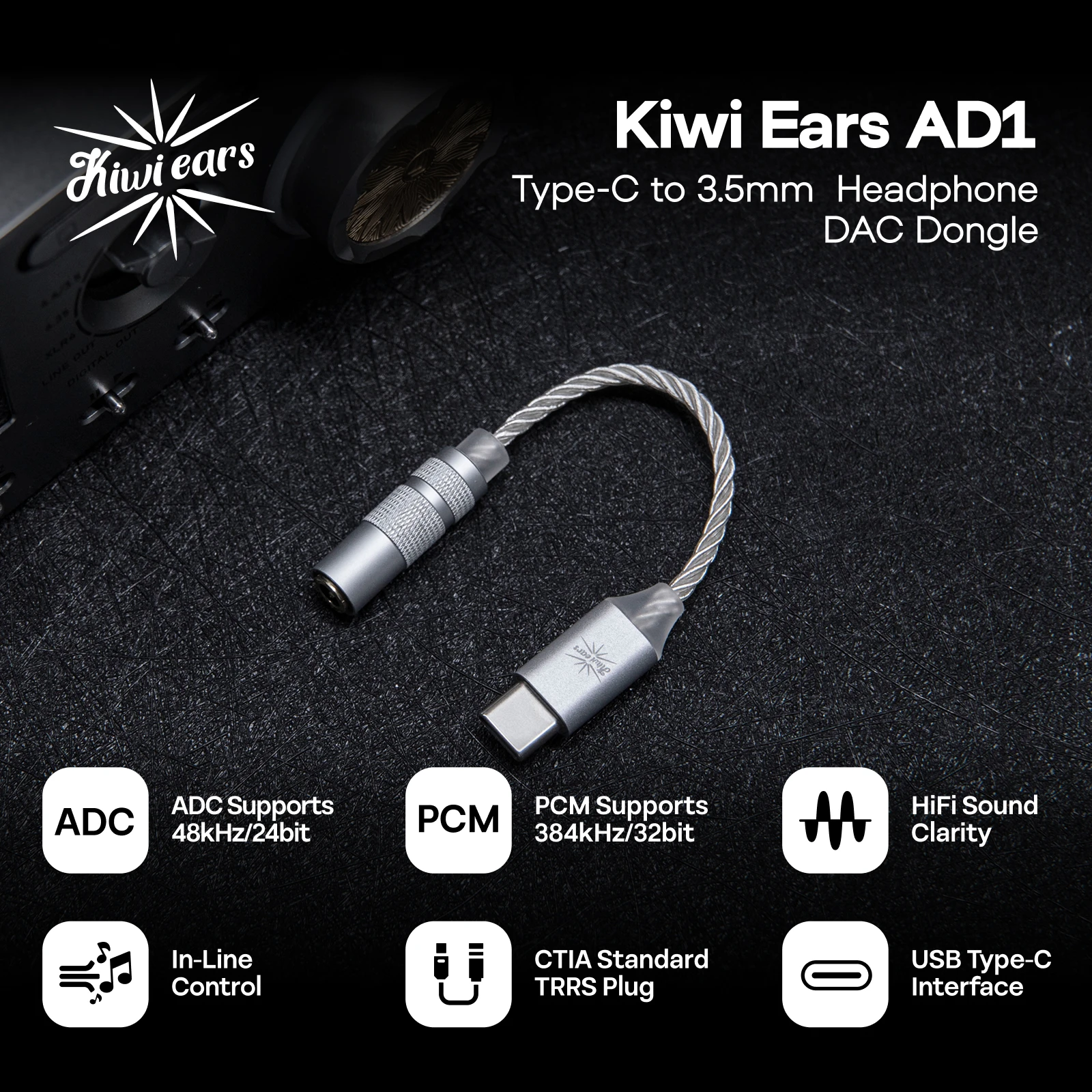 Kiwi Ears AD1 Type-C to 3.5mm Female Headphone DAC Adapter Cable