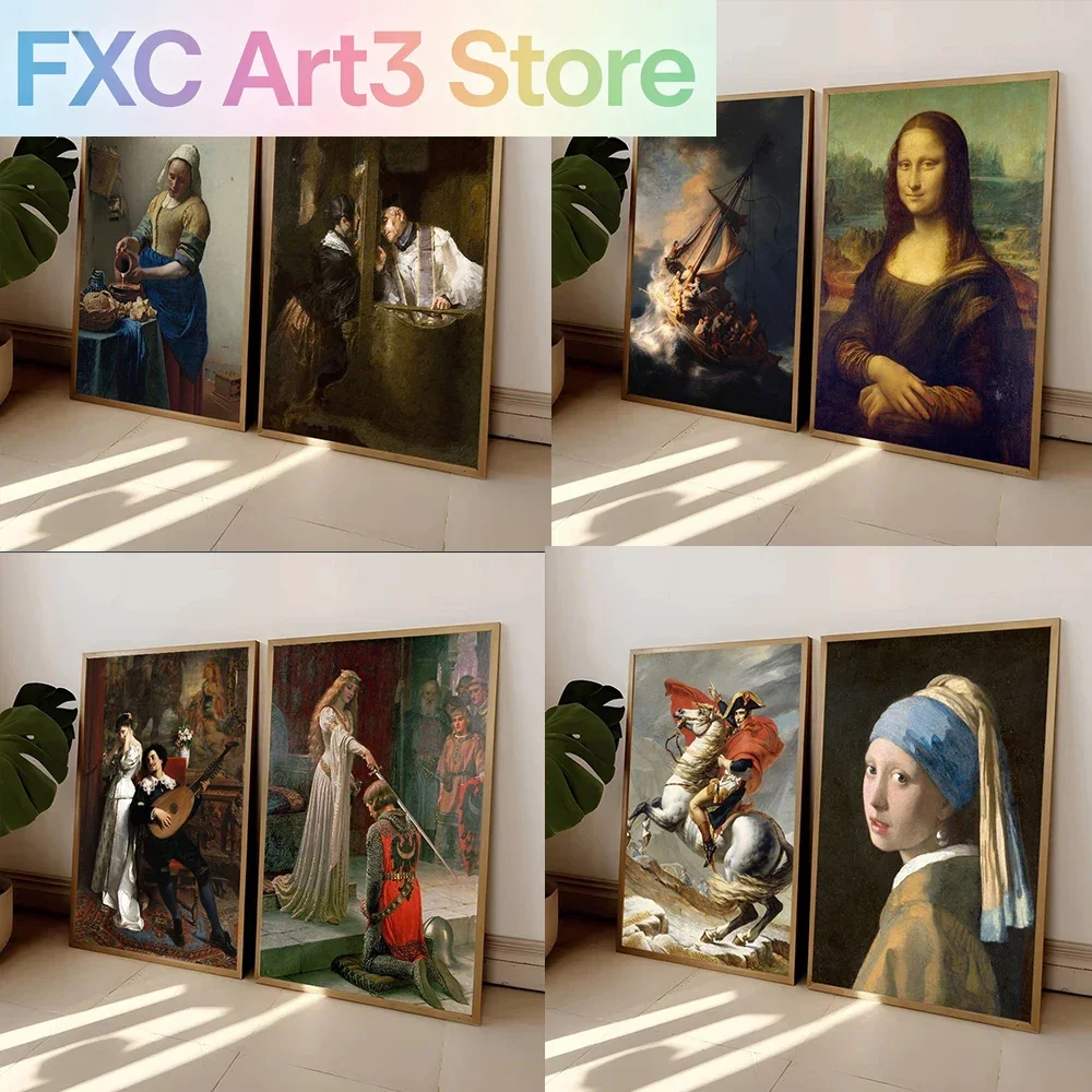 Frameless Mona Lisa Portrait Napoleon Crossing The Alps Famous Painting Canvas Print Poster Wall Art for Living Room Home Decor