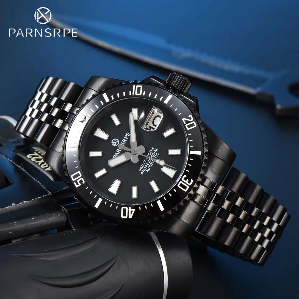 PARNSRPE Luxury Brand Men\'s Business Automatic 316L Stainless Steel PVD Black Case Fashion Luminous 200m Diver Men\'s Watch