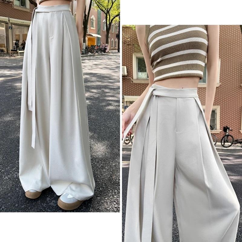الربيع الصيف الدانتيل متابعة المرأة بنطال ذو قصة أرجل واسعة وشاحات 2025 جديد عالية الخصر جيوب الصلبة عادية فضفاض مستقيم السراويل للمرأة