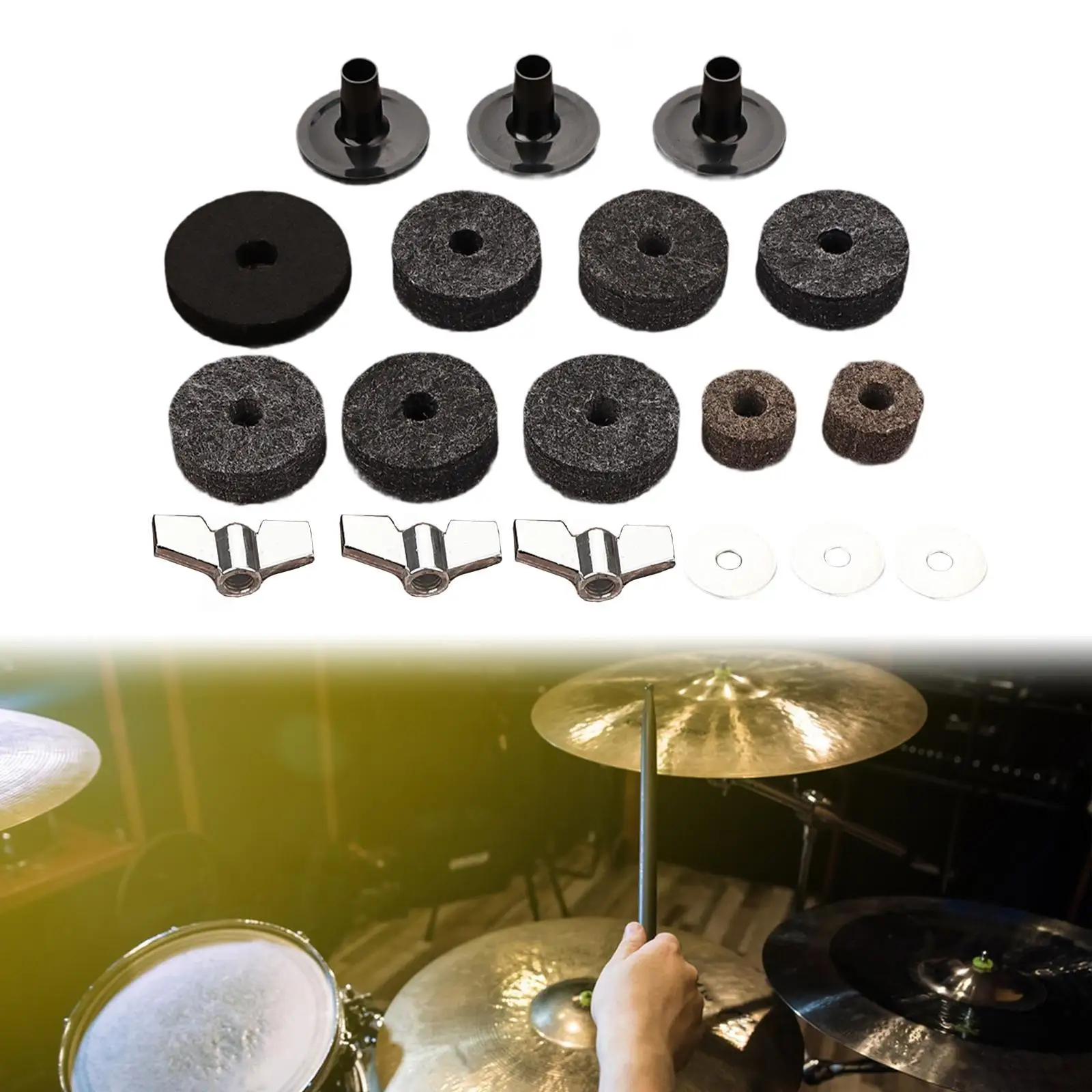 18x Replacement Cymbal Parts, Cymbal Stand Sleeves, Hi Hat Clutch Felts with Wing Nuts and Washer, Cymbal Felts for Drum Set