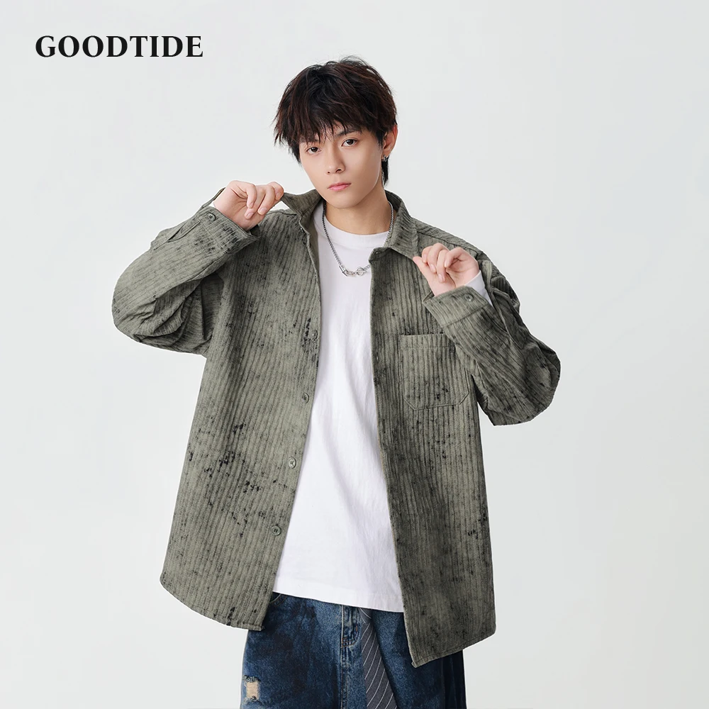 

Fashion Men's Casual Long Sleeve Shirt 2025 Autumn Corduroy Distressed Pattern Chest Pocket Design Comfortable Button Up Top