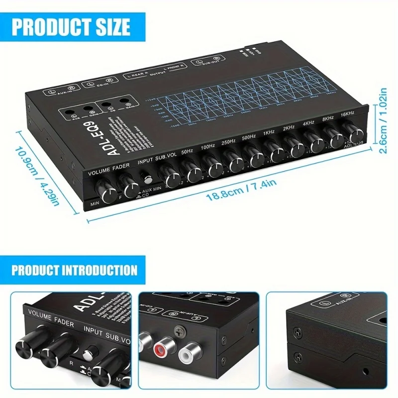 

9Frequency Band Car Audio Equalizer，In-car graphic equalizerEQ，With front-end、Rear-mounted+Auxiliary output