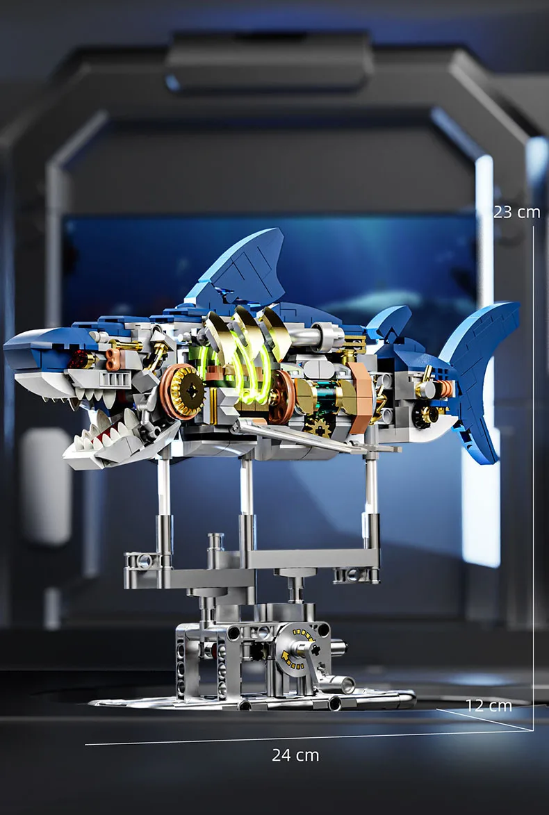 Idea Tiefsee-Kampf-Mecha-Fisch Baustein-Set Mechanischer Hai-Roboter Mech-Modell Bausteine Konstruktionsspielzeug Sammlung mit Licht – Detail 6