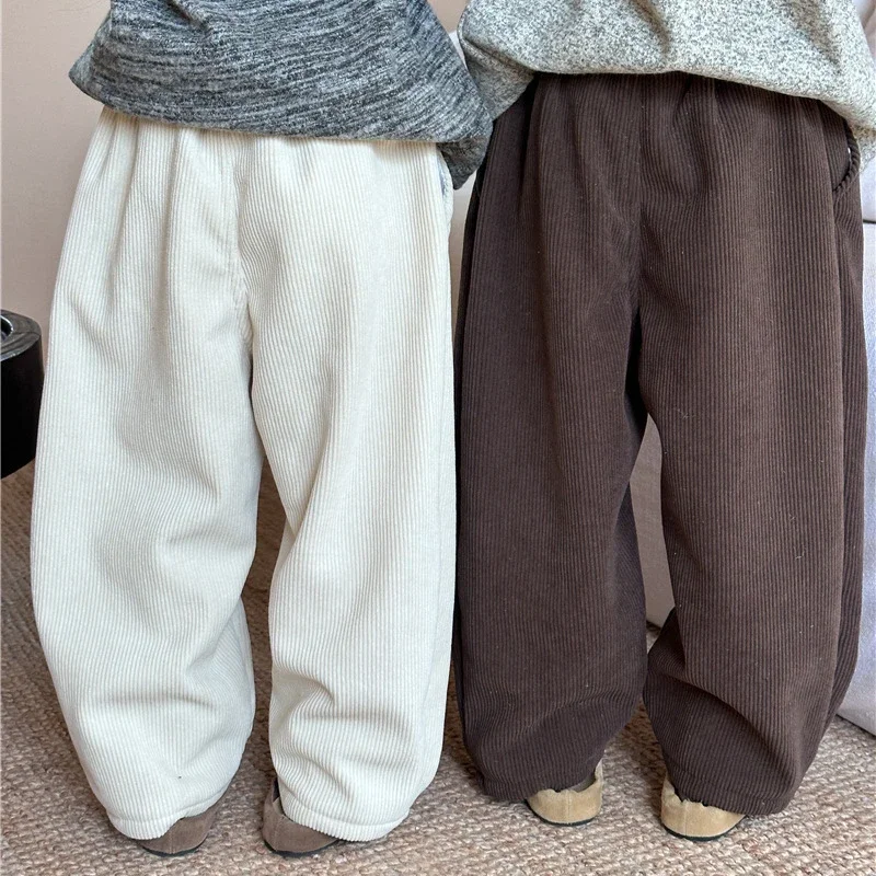 Winter New Children\'s Padded Plush Corduroy Trousers 2023 Korean Boys And Girls Thickened Warm Casual Straight Pants