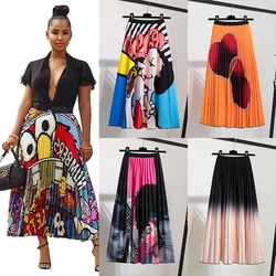 Pleated Skirt Women Summer 2022 New  Print Cartoon Pattern  Elastic Women Skirt Big Swing Party Holiday High Waist Skirts