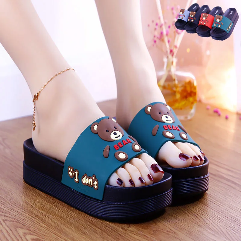 New Summer High-heeled Thick Soled Slippers Women\'s Cute Cartoon Bear Heightening Sandals Shoes Woman Heels Summer Slipper Slide