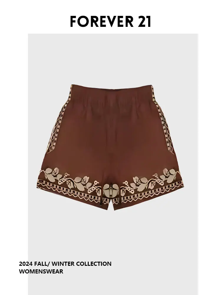 Shorts femininos com estampa estilo chinês da Forever 21, moda de verão, calças plus size, cor marrom vermelho, efeito emagrecedor