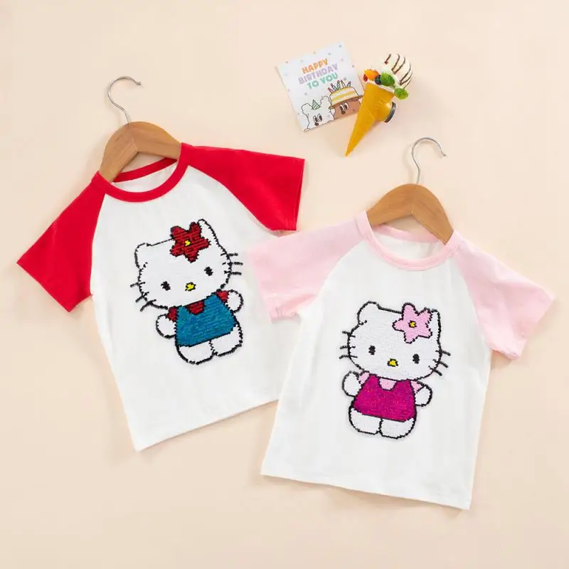 Sanrios Hellokittys Anime Kawaii Summer Kids Cotton Short-Sleeved T-Shirt Clothes Sequin Variable Pattern Girls Half-Sleeved Top