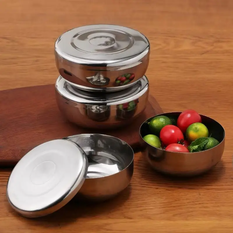 

Stainless Steel Single Layer Bowl with Lid Round Soup Noodle Bowls Korean Big Cooked Rice Bowl Child Anti-Scalding Tableware