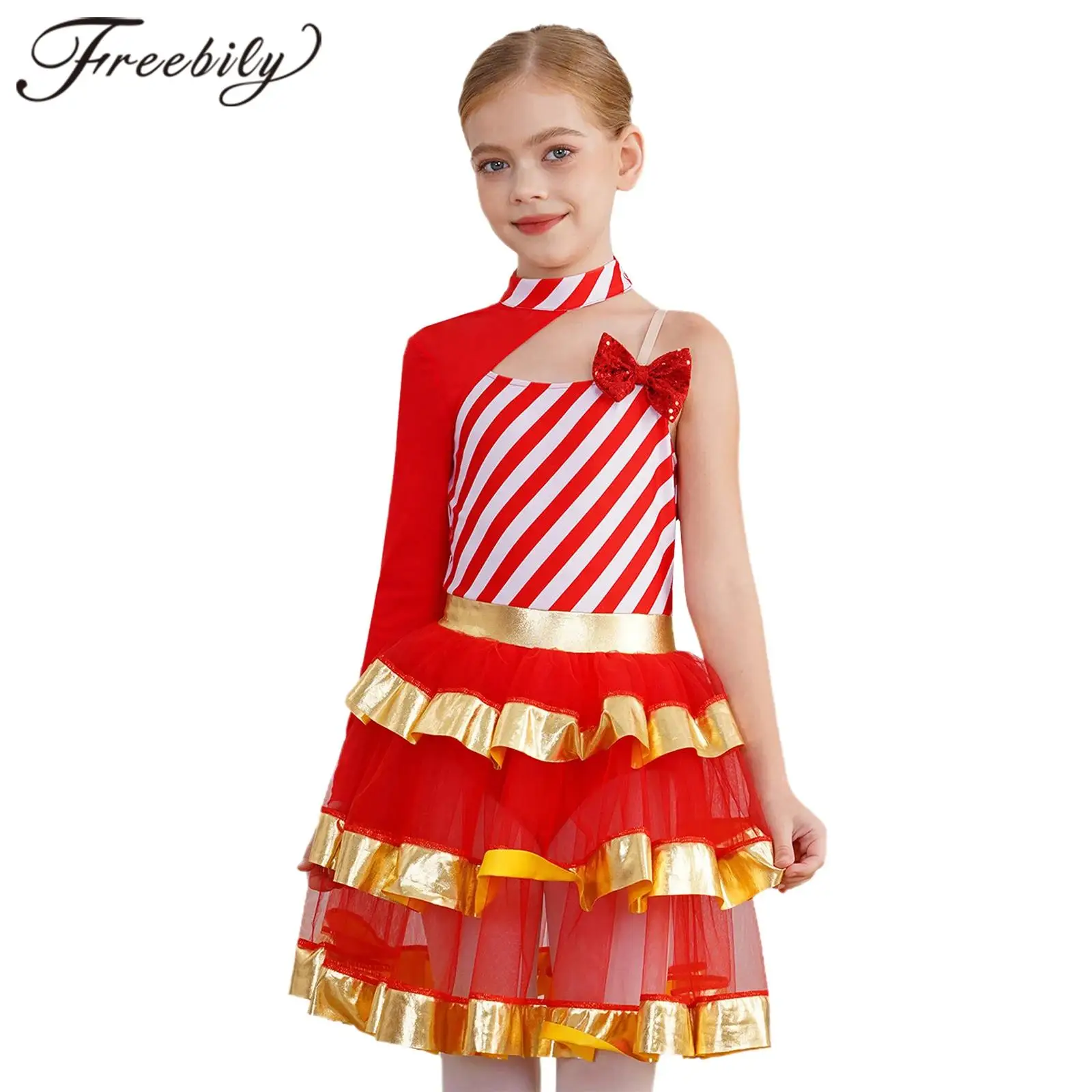 Kids Girl Christmas Party Dress Children Holiday New Year Candy Cane Costume Stripes Shiny Tiered Tutu Dress Xmas Dancewear