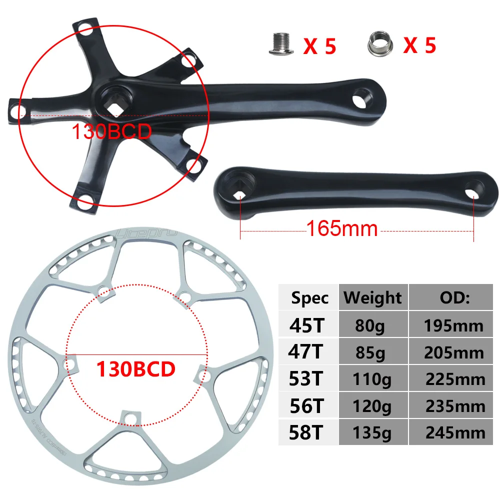 Litepro 165mm 130BCD Bicycle Crankset Integrated Single Chainwheel Crank Arm 45T 47T 53T 56T 58T MTB Road Bikes Chainring Tooth