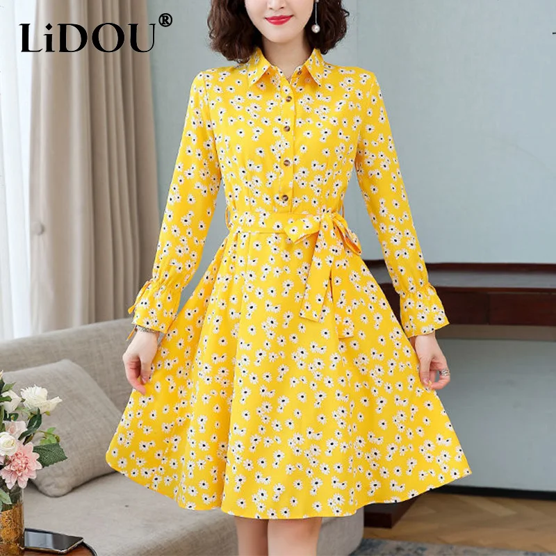 Spring Autumn Korean 5XL Floral Print Belt Chiffon Dress Women Long Sleeve Vestido Elegant Fashion Robe Femme Casual Dresses