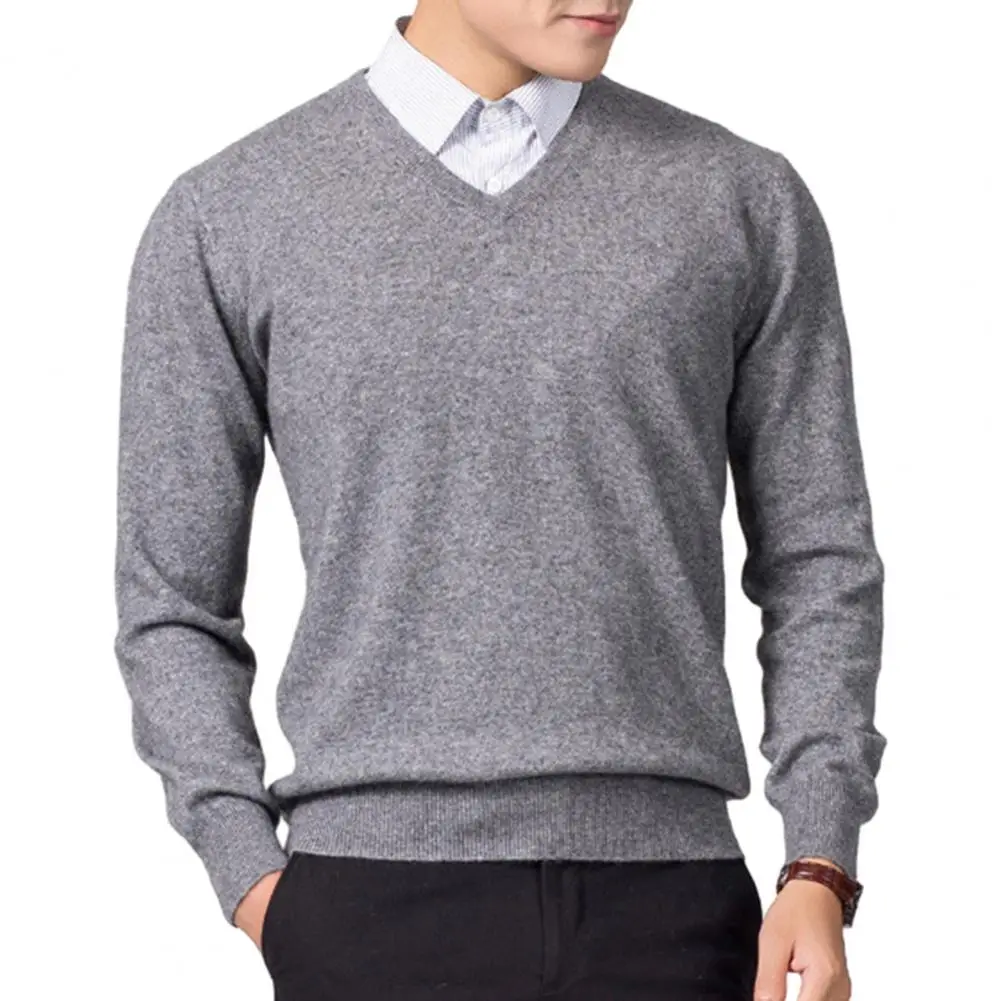 Men's V-neck Solid Color Sweater Slim Knitwear Thick Pullover Jumper for Autumn Winter