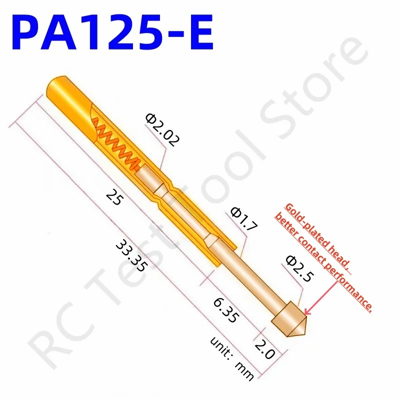 100PCS PA125-E2 Spring Test Probe PA125-E Test Pin P125-E P125-E2 Test Tool 33.35mm 2.02mm Needle Gold Tip Dia 2.50mm Pogo Pin