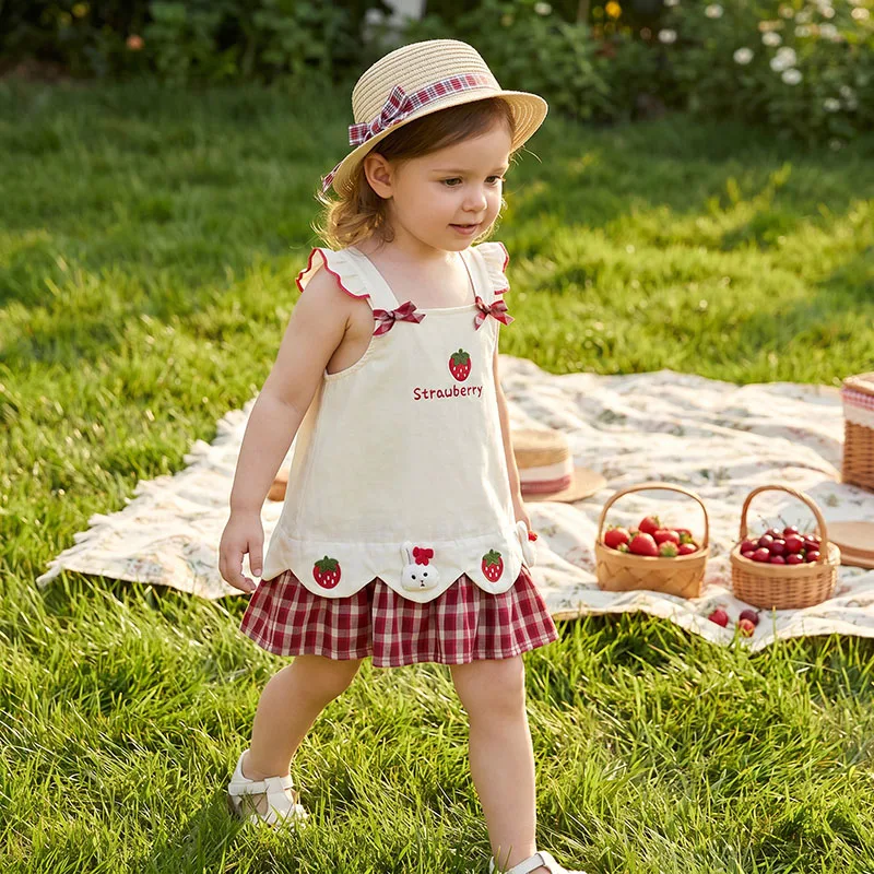 MILANCEL Summer Kids Dress 1-5T Cartoon Bunny Strawberry Girls Pinafore Dress Sweet Grid Ventilate Children Clothes