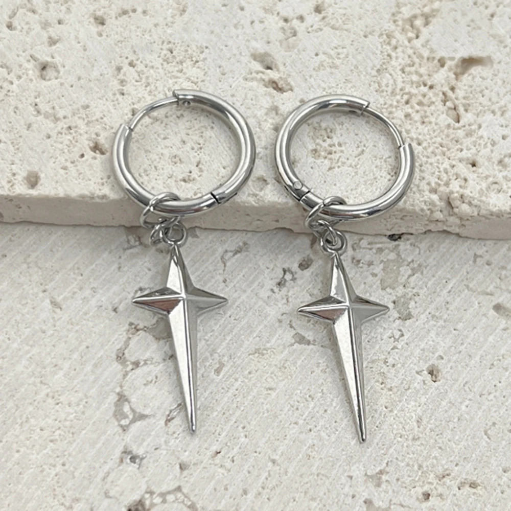 925 Silver Needle Men Cross Stars Punk Dangle Earrings Gothic