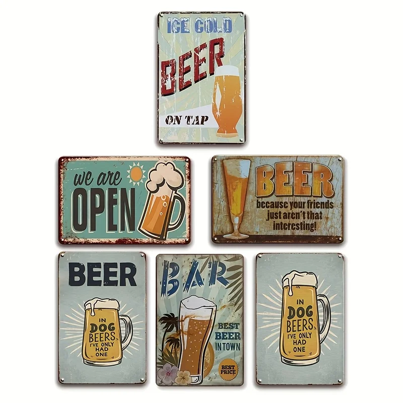 

6 шт. винтажные металлические барные знаки — 8x12 дюймов, деревенский настенный декор с юмористическими пивными и тематиками собак, идеально подходит для мужских пещер, баров, Gara