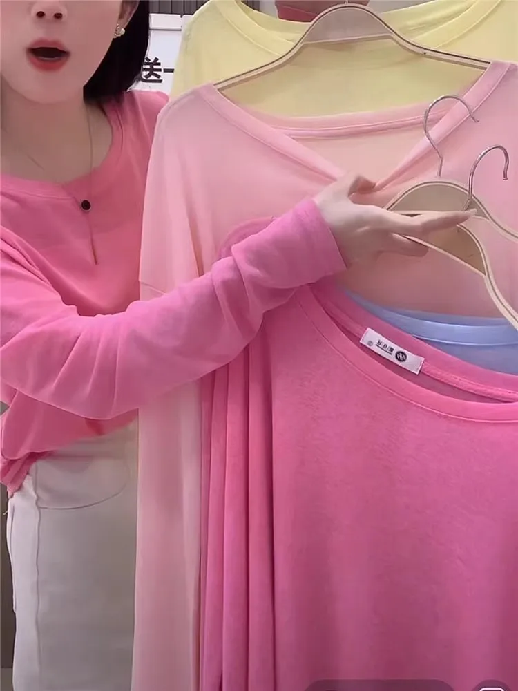 Laid-back الحلوى الملونة المرأة تي شيرت تنفس ظلة التستر خفيفة الوزن متجدد الهواء قميص الصيف نمط جديد ربيع الخريف طويلة