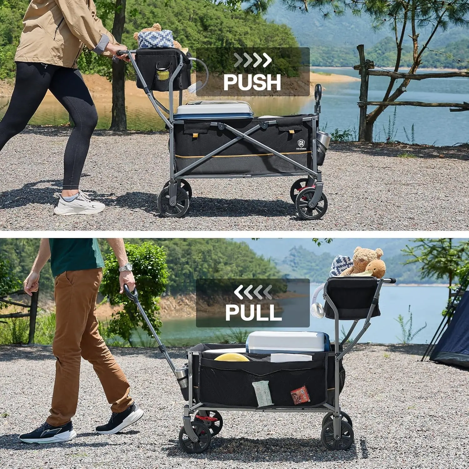 Black Collapsible Shopping Cart for Groceries, Camping, and Beach - With Wheels, Brakes, Basket, Side Pockets & Cup Holders