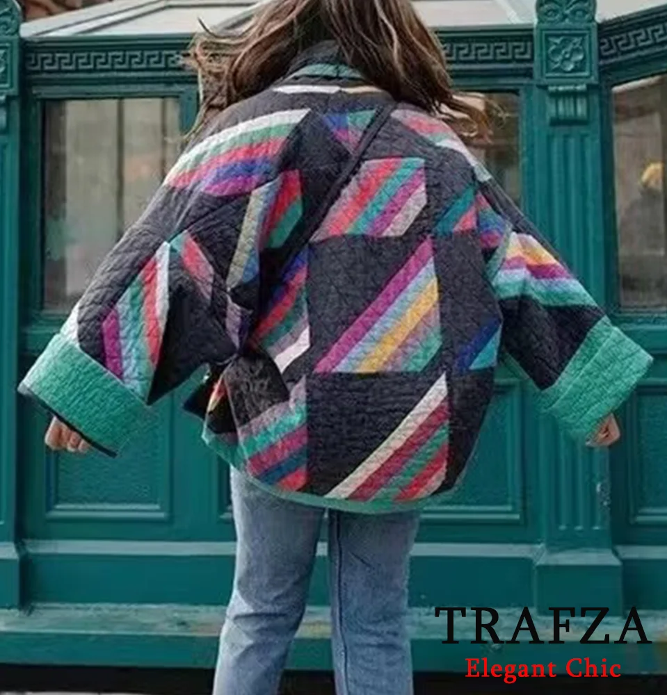 TRAFZA-Women Stylish Printed Coat New Autumn Winter Casual Kimono Street Outwear Jacket Coat Lapel Long-Sleeve Loose Open Coat