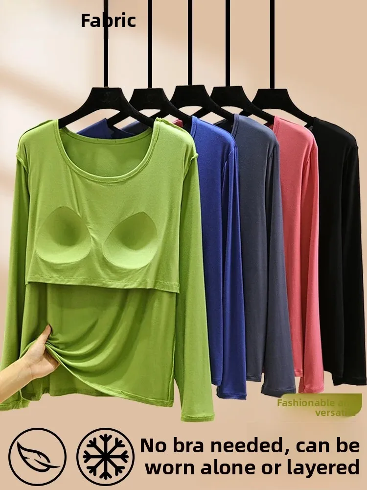 Casual Modal Women's Long Sleeve Base Shirt Spring Autumn Thin Large Size Loose Versatile T-Shirt round Neck Regular Length