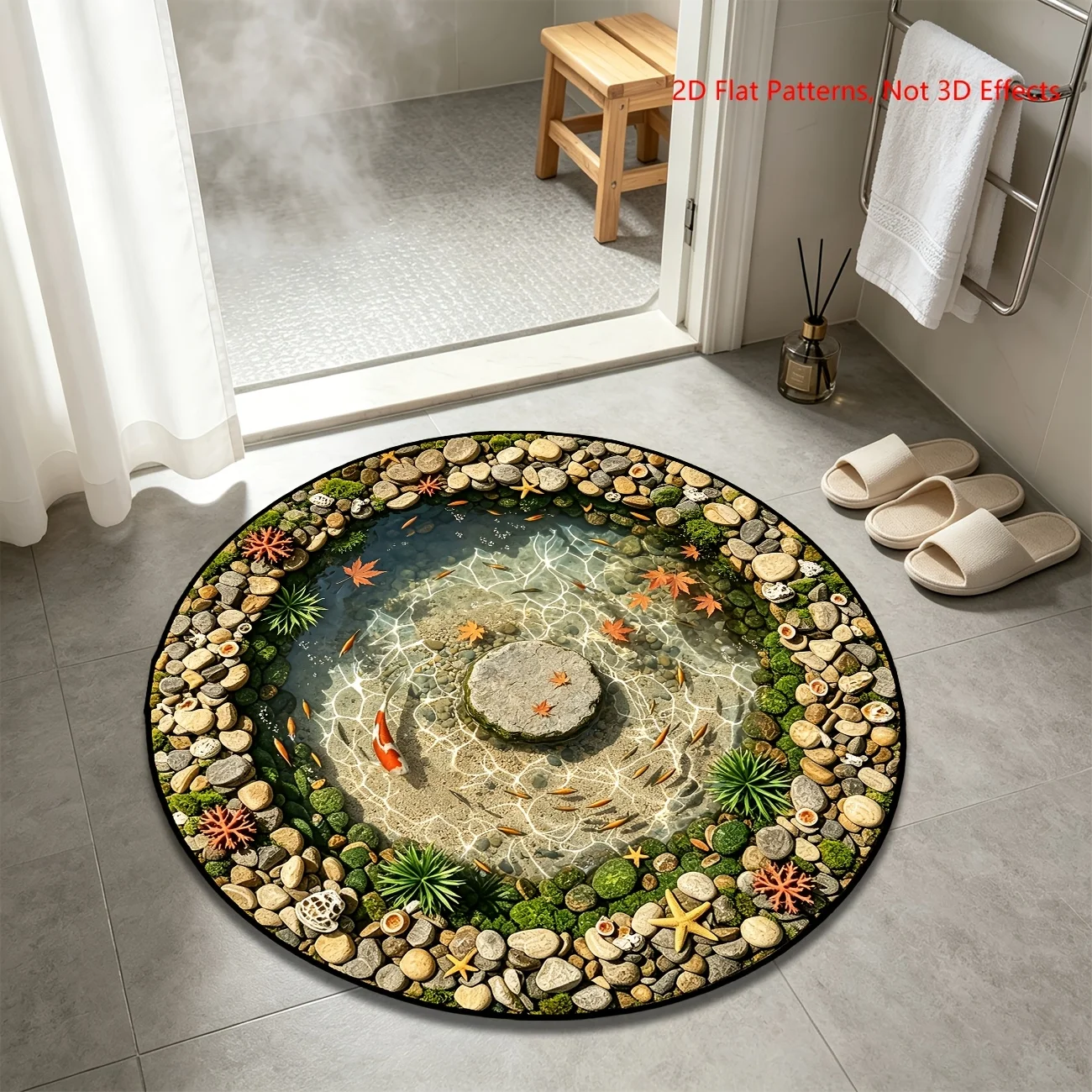 Decorative Round Garden Pond Mat Outdoor Patio Decor Stream Scene Riverbed Stone Sea Life Tropical Centerpiece Rug for House Yar