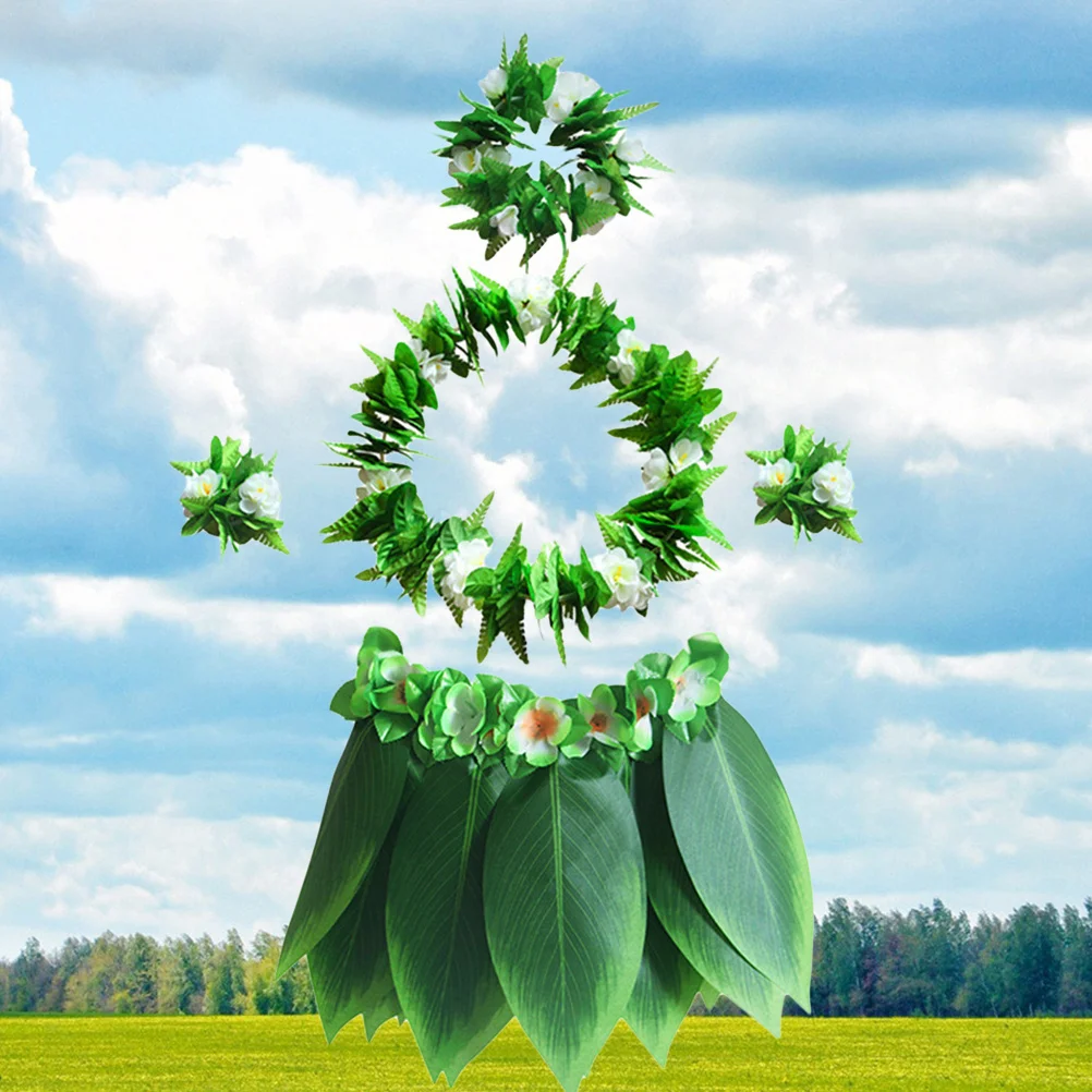 

5pcs Hawaiian Leaf Skirt Costume Set 23.6" Waist 15" Length Green Fabric Silk Grass Skirt Necklace Bracelets Headband For