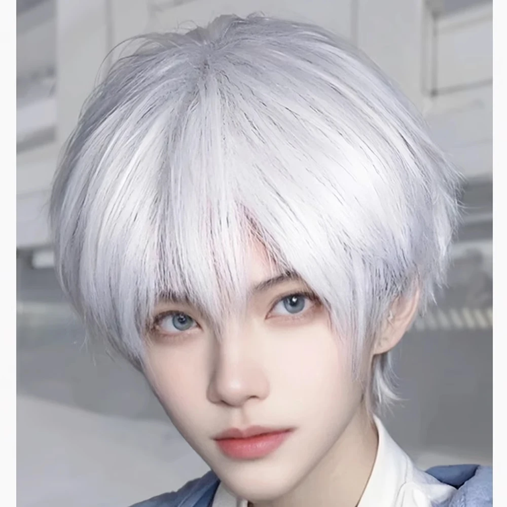 

Synthetic Short White Men Universal Wig with Bangs Fluffy Anime Game Cosplay Hair Heat Resistant Wig for Daily Party