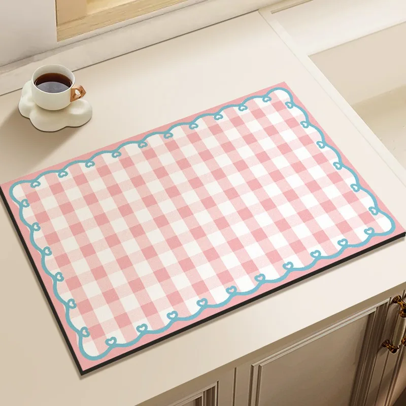 Niedliche Rosa Gingham Geschirr-Abtropfmatte Süßes Rosa-Weißes Schachbrettmuster Abtropfmatte Rutschfeste Küchenmatte für Arbeitsplatte und Spüle