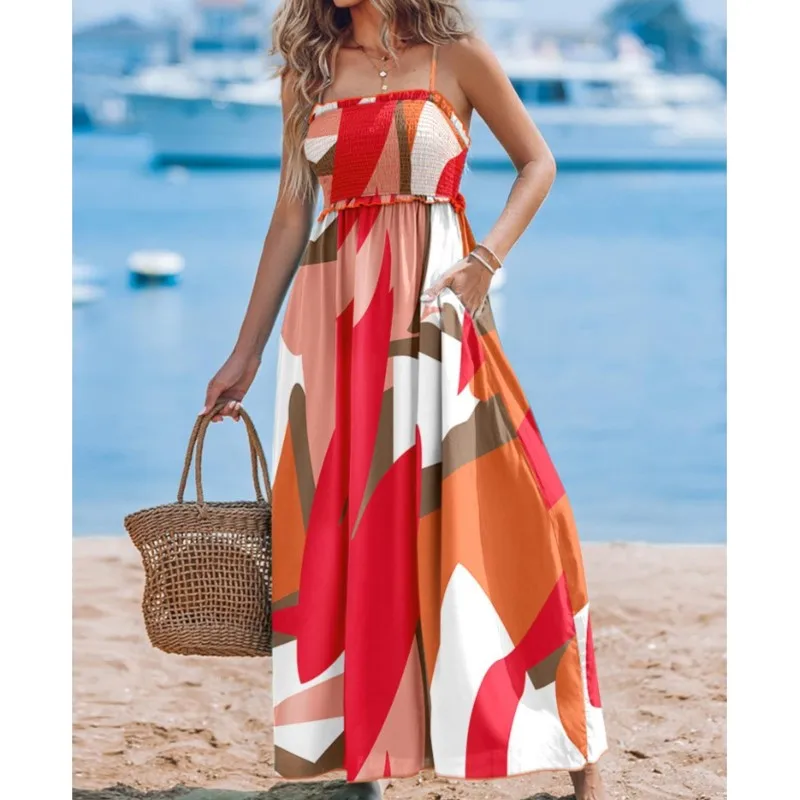 

2025 Summer Women's Sexy Stylish Off-shoulder Printed Suspender High Waist Dress Elegant Beach Vacation Strapless Long Dress