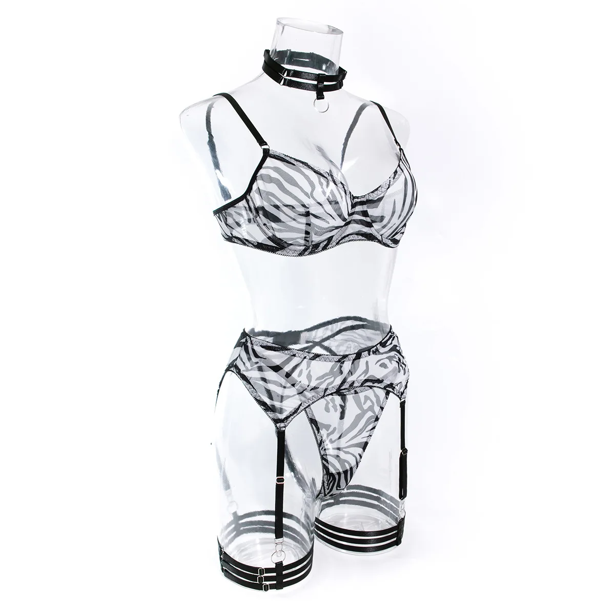 Sexy Mesh Print Zebra Perspective Underwear Women Black White Gathering Wild Neck Perspective Exotic Apparel Suit Four Piece Set