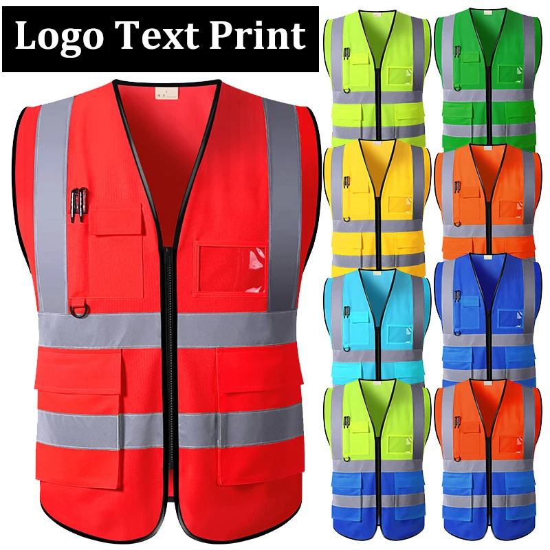 Safety Vest Big Size Men 5XL Construction Safety Vest with Pockets Logo Custom Reflective Vest High Safety Clothing Zipper Front