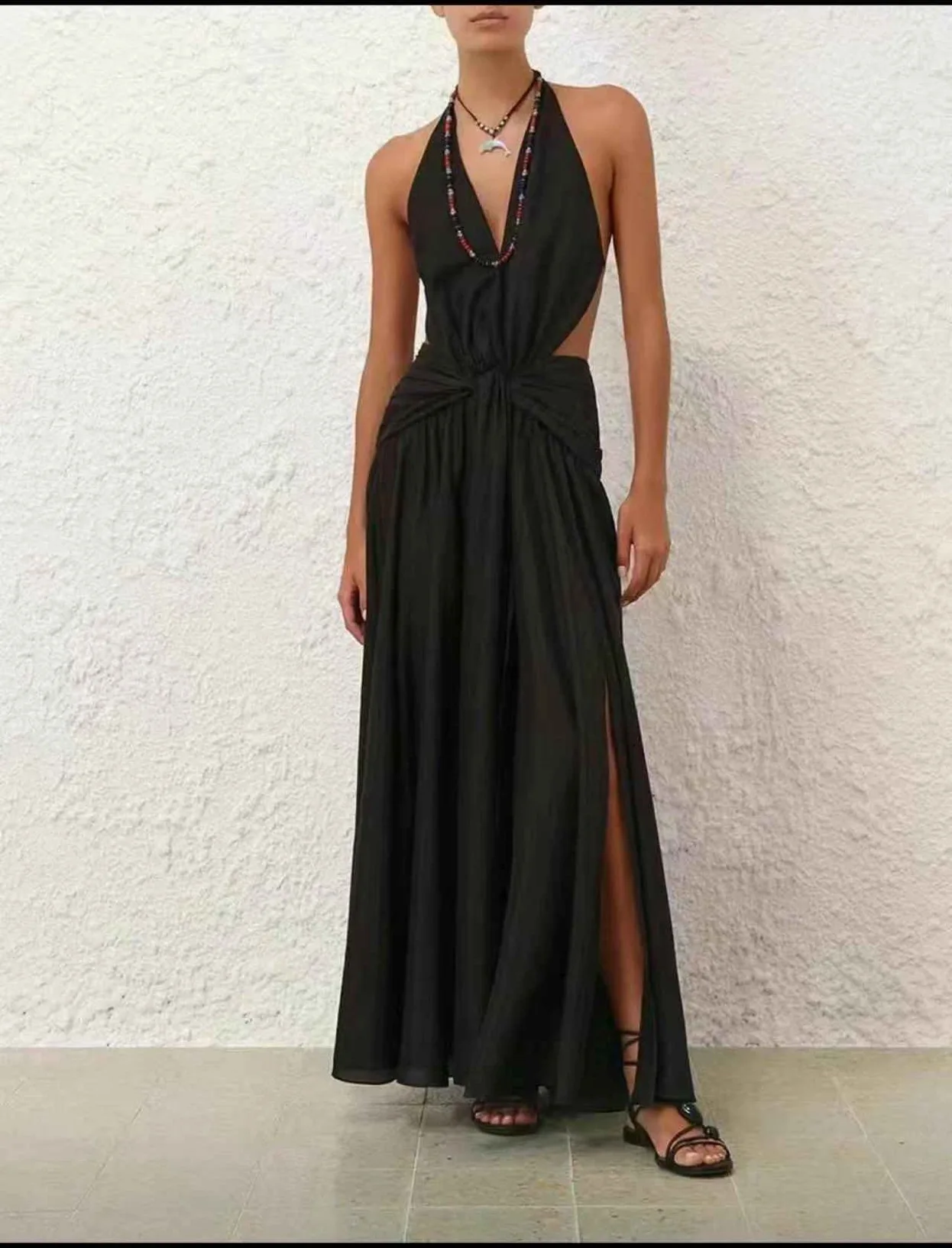

Pure Silk New High Quality Black Sleeveless Deep V-Neck Backless Slit Lace-up Women Midi Dress