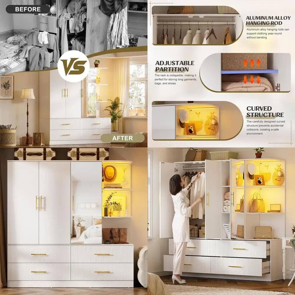 

70.87 Tall 3-Door Wardrobe with Mirror, LED Lights, Hanging Rod, Hooks, and Ample Storage