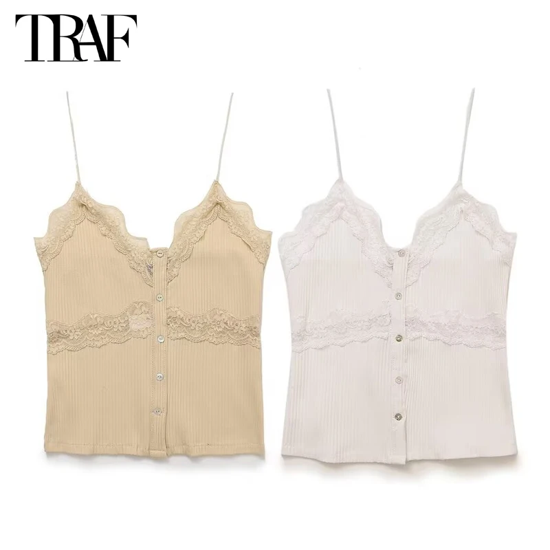 TRAF Lace Short Tops Woman 2024 Sexy Backless Crop Top Female Summer Tanks Camis Tops for Women Straps Tube Corset Top Women