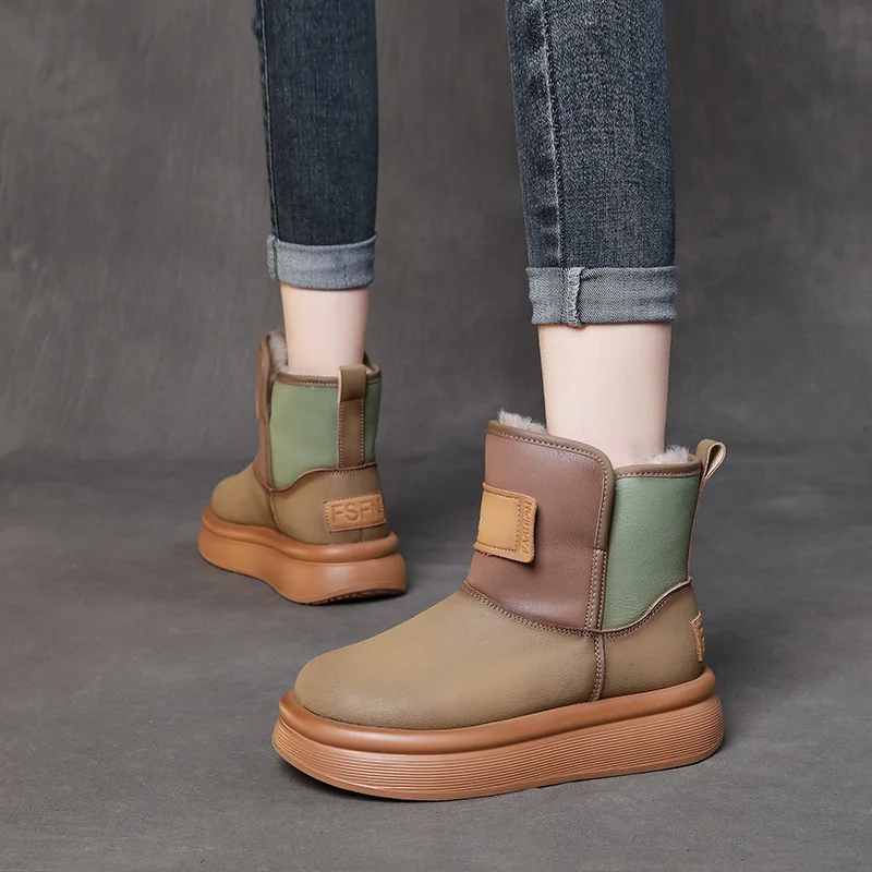 

Snow Boots Women Leather Warm Shoes Plush Insole Handmade Genuine Leather Women Ankle Boots Slip On Flat heels Sale 2023 Winter