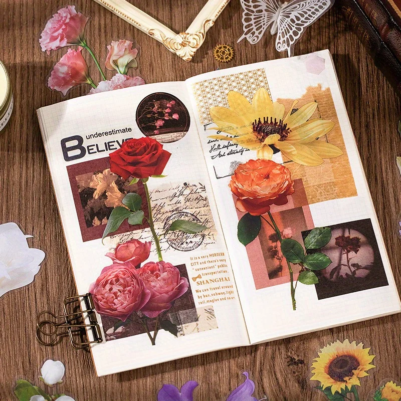 Retro Flower Sticker Flakes Rose Sunflower Butterfly Ephemera Decorative Stickers for Junk Journal Scrapbooking Planner DIY