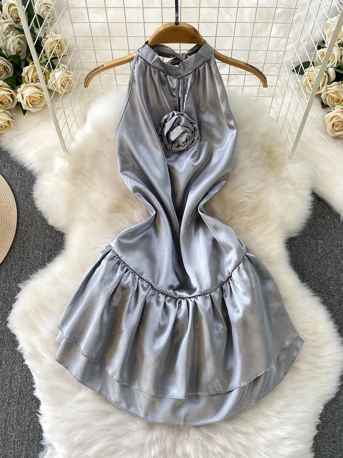 Ele kralen satijn ort Dr met Ne hangend ontwerp en uitlopende rok voor dames zomer afslankende hoge taille Sle