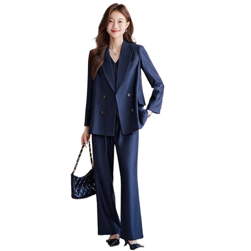 طقم بدلة مكتب نسائي مكون من 3 قطع سترة رسمية بيج مع سترة وسراويل للعمل 2025 ملابس عمل خريفية جديدة #2